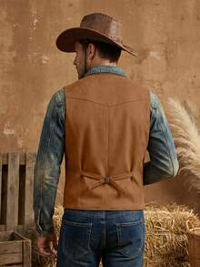 Men's Western Cowboy Suede Leather Vest Slim Fit Retro 5-Button Waistcoat Set For Prom Daily Casual Wear & Husband Gift - màu nâu - Xem 4