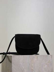 Women's Suede Crossbody Bag With Adjustable Shoulder Straps And Flip Cover, Black Soft Shoulder Bag, Versatile For Casual Daily Wear - Black - View 1