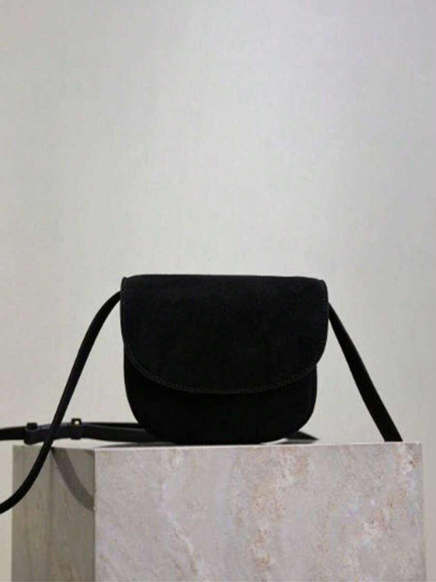 Women's Suede Crossbody Bag With Adjustable Shoulder Straps And Flip Cover, Black Soft Shoulder Bag, Versatile For Casual Daily Wear - Black - View 1
