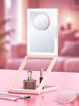 LED-belyst sminkspegel, 3-färgs belysning, dimbar, 10x förstoring, hopfällbar sminkspegel, justerbar vinkel