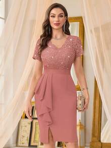 MIUSOL Sequin Lace V-Neck Ruffle Hem High Slit Bodycon Cocktail Dress - Dusty Pink - View 4