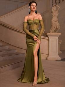 女士优雅露肩长袖蕾丝拼布透视开衩长款系带连衣裙，适合舞会、派对、生日、约会之夜、返校节、婚礼嘉宾、正式晚宴 - 軍綠色 - 查看 7