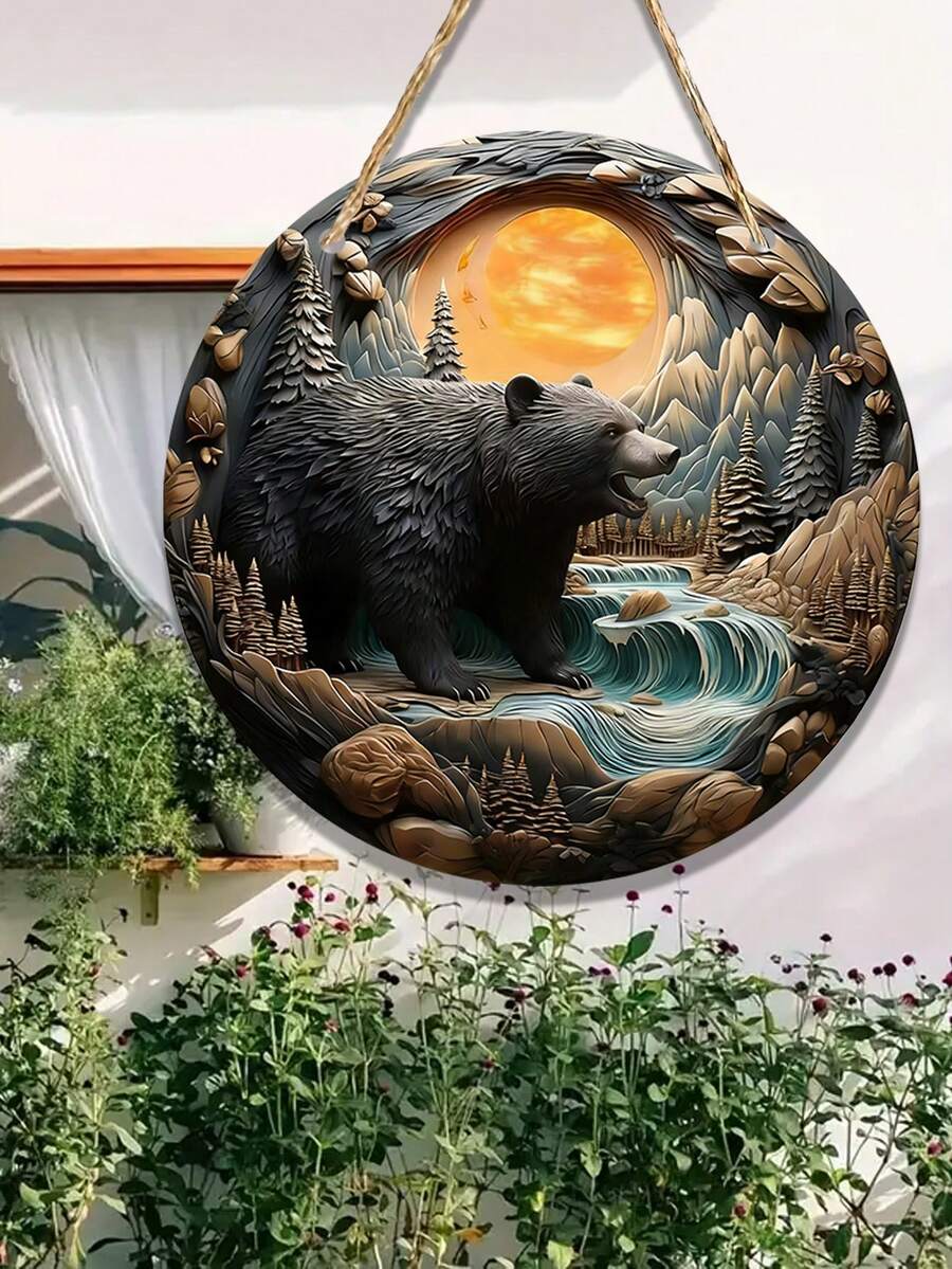 1pc Black Bear Shaped Round Wooden Sunlight Catcher (10 Inch X 10 Inch / 25 X 25 Cm, 12 Inch X 12 Inch / 30 X 30 Cm), Wreath Decor, With Logo Hanger, Room Decor, Elegant Home Decor, Bedroom Decor, Household Decor, House Decor, Holiday Decor, Decorative Gift - Multicolor - View 1