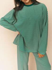 Women Casual Striped 2 Piece Lounge Set Long Sleeve Pullover Shirt Drawstring Wide Leg Pants Y2k Cute Loose Outfits - 綠色 - 查看 4
