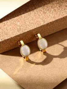 Elegant Oval White Gem Gold Earrings Dainty Pearlescent Hoops Face Framing Minimalist Studs For Women - Gold Oval White - View 3