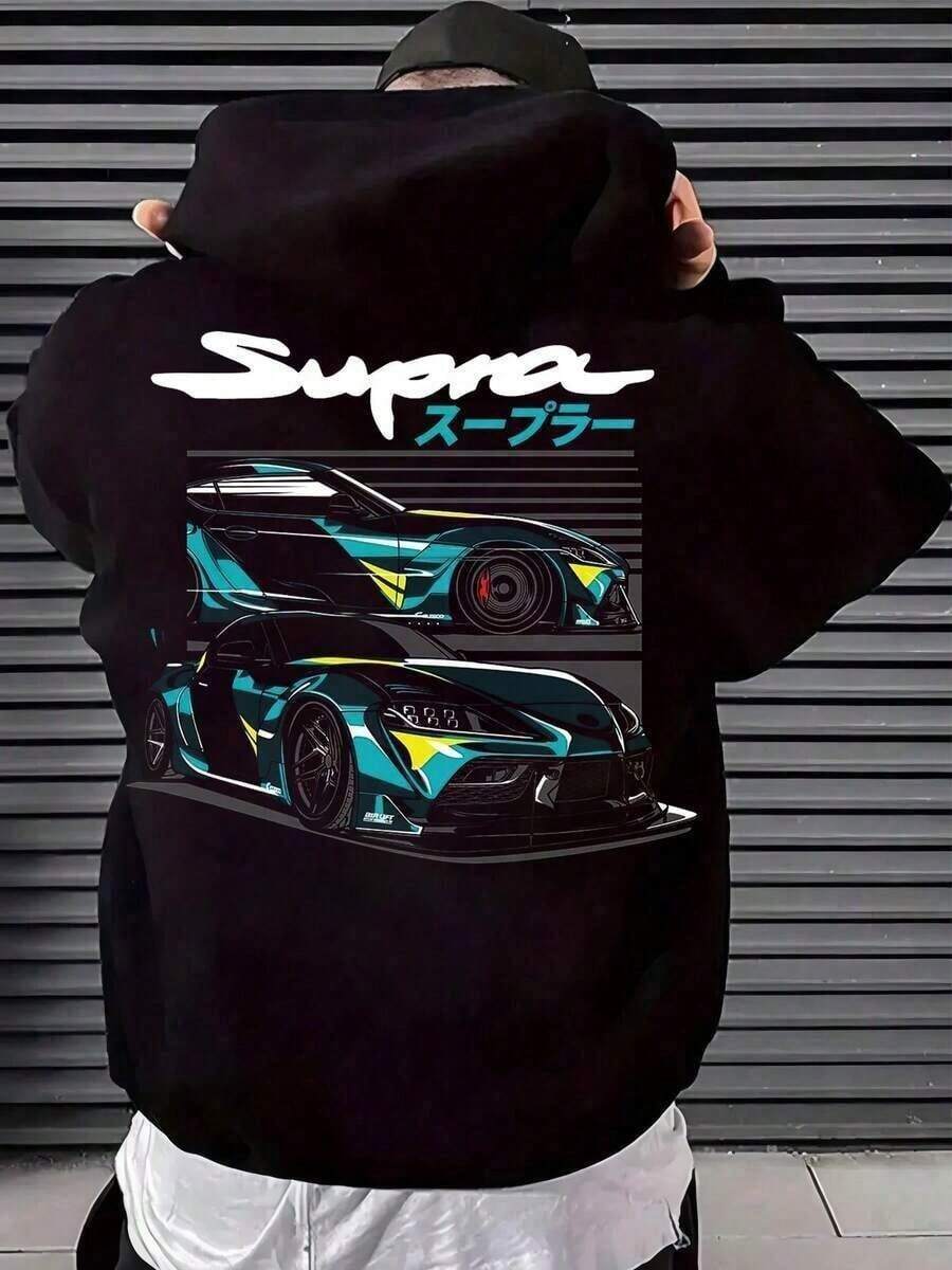 Supra Japanese Car Graphic Hoodie - Automotive Streetwear Sweatshirt For Men And Men Street Fashion Casual Long Sleeve Pullover With Pockets, 50% Polyester 50% Terry Cotton, The Fabric Is Slightly Stretchy, Suitable For Autumn And Winter, Halloween And Christmas As Gifts,Fall Hoodies,Men's Fall Clothes,Street Wear,Halloween,Mens Hoodies,Y2k Clothes,Jesus Hoodie,Thanksgiving Day,Nightmare Before Christmas,ChristmasY2Y-W-Maija - 黑色 - 查看 1