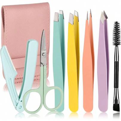 7件套眉毛镊子套装，带旅行包，女士专用，包含4把专业不锈钢镊子、眉剪、剃刀和螺旋刷，适用于面部、下巴、眉毛、毛刺和内生毛发。