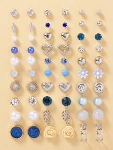 30 Pairs Women's Fashion Simple Earrings Set, Assorted Styles Including Flower, Round, Rhinestone, Heart-Shaped Metal Earrings, Delicate & Compact, Ideal For Holiday, Party, Gift - Multicolor - View 6