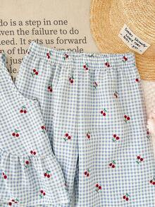 Girls' Blue Plaid Cherry 2 Pieces Set: Ruffle Trim Sleeveless Top + Wide Leg Pants, Children Sweet Casual Summer Outfit, Vacation Style - Multicolor - View 8