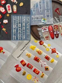 1件新年招财猫、舞狮、烟花、福袋、元宝、蝴蝶结3D美甲模具，透明硅胶模具 - 無色 - 查看 1