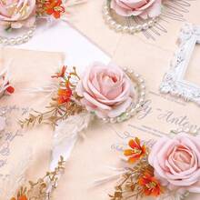 Meldel Pink Wrist Corsage And Boutonniere Set, Flower On Wrist For Bride Bridesmaid Wedding, Boutonniere For Men Groom Groomsman Wedding Accessories Prom Party Suit Decorations,WristCorsageandBoutonniereSet-Pink - 腕花和胸花套裝 - 粉紅色 - 查看 8
