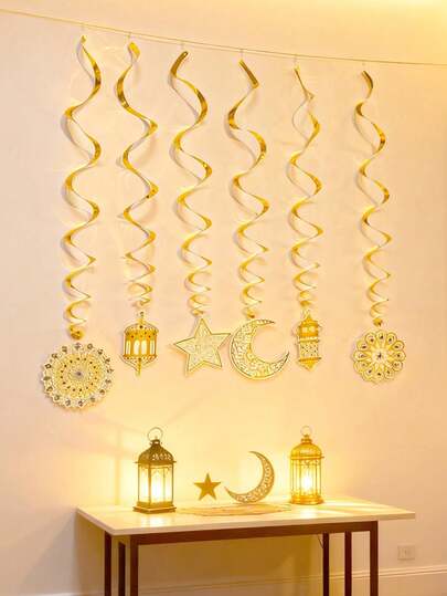 1 Set/6pcs Ramadan And Eid Decoration Set - Includes Spiral Banner, Moon & Star Lights, Paper Hanging Decors, Islamic Ramadan Party Decorations, Suitable For Room, Garden And Multipurpose
