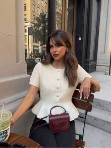 VIBEWAVE Round Neck Button Short Sleeve Knit Cardigan Dress - White - View 4