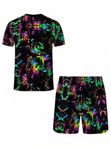 Men'S Splash Ink Print T-Shirt & Drawstring Waist Shorts Set - Vibrant Neon Green & Pink All-Over Print, Casual Sports Style, Regular Fit, Crew Neck, Perfect For Parties, Plus Size - Nhiều màu - Xem 3