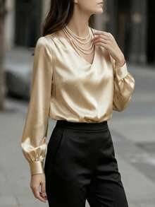 女士高端缎面V领长袖衬衫 - 面料顺滑，剪裁简约，多种颜色可选，优雅衬衫，适合办公室、下午茶、假日约会（新年派对风格） - 秋冬春季时尚 - 杏色 - 查看 4