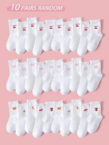 1/5/10/15双装 儿童/女童春夏纯色休闲中筒袜，带蕾丝/白色，适合上学/运动，可爱蝴蝶结/樱桃/卡通动物装饰，时尚柔软透气吸湿中筒袜，适合学生、日常穿着、送礼、旅行，款式随机。 - 彩色 - 查看 16