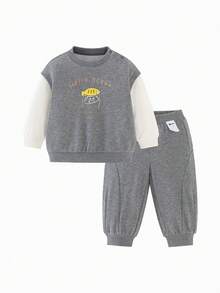 mini bala 2pcs Kids Sweatshirt & Pants Set, Unisex, Soft Cotton Blend, Slim Fit, Spring 2026 Collection - Medium Gray - View 1