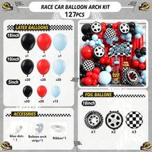 Kit de guirnalda de arco de globos con temática de carrera de autos, 127 piezas de banderas con diseño de neumáticos de diferentes tamaños, globos a cuadros en negro, rojo y azul para decoración de fiesta de cumpleaños de niño o aniversario con tema de autos de carreras - Multicolor - Ver 7