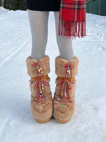 Women's Faux Fur Boots Winter Warm Fluffy Furry Mid Calf Snow Boots Flat Heel Comfortable Pull On Bead Embellished Shoes Christmas Gift - 駝色 - 查看 3