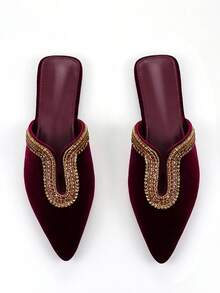 Giày bệt nữ sang trọng đính đá lấp lánh, chất liệu nhung phối màu tương phản, mũi nhọn, phần trên hình chữ U, kiểu dáng slip-on, thời trang và thoải mái cho cả ngày thường và dự tiệc. - Màu Đỏ Sâu - Xem 3