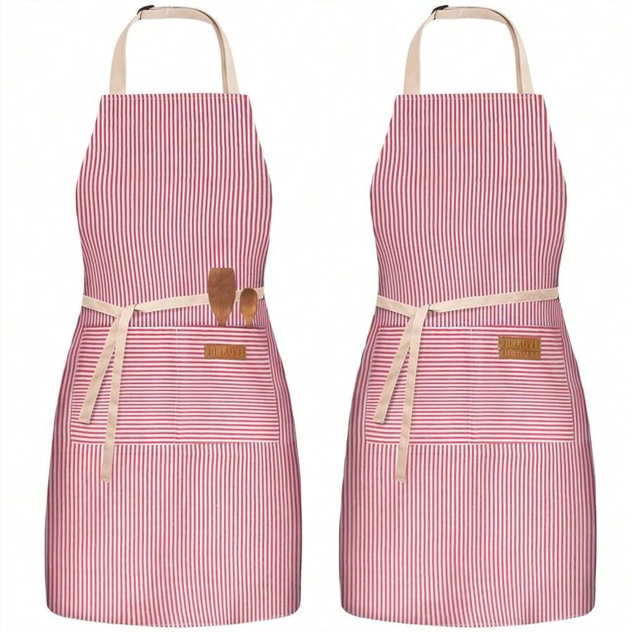 2 Pack Adjustable Bib Apron With 2 Pockets Chef CooFKing Kitchen Restaurant Aprons For Women Men - RedPinstripes - View 1