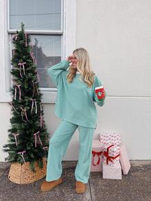 Women's Stripe Printed Round Neck Pullover Set Loose Casual Long Sleeves Top Elastic Waist Pant 2 Pieces Loungewear Set - màu xanh lá cây nhạt - Xem 5