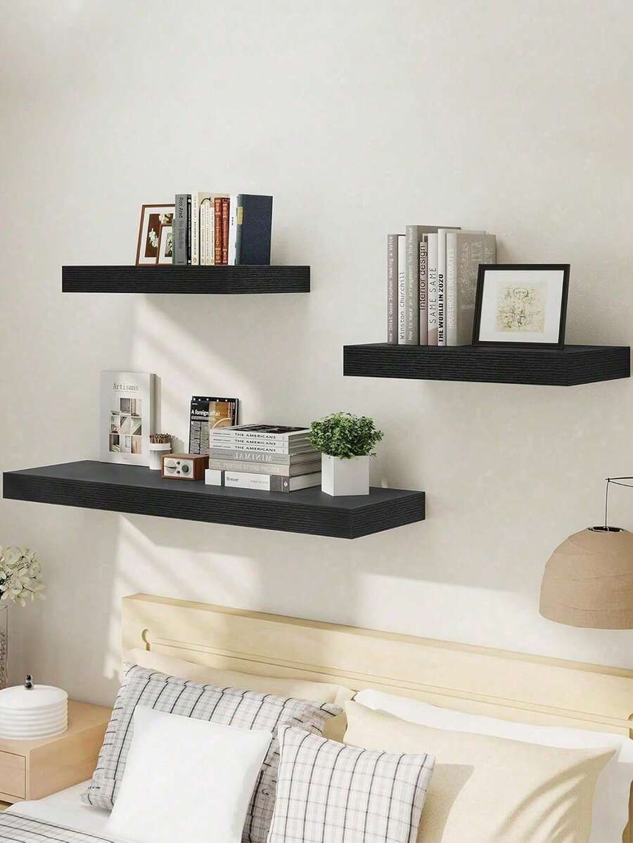 1 pieza/Set de 3 piezas de estantes montados en la pared, juego de unidad de estantería larga de madera de roble rústica, adecuada para sala de estar, baño, lavandería, dormitorio, cocina, oficina en casa - ブラック - Ver 1