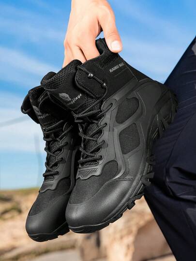 Men's High-Top Waterproof Tactical Work Boots, Leather Motorcycle Combat Boots, Lightweight Non-Slip Hiking Boots, Casual Shoes