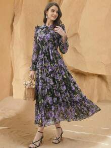 Women's Elegant Chiffon Purple Ditsy Floral Long Sleeve Tie Neck Ruffle Hem A-Line Maxi Dress, Bohemian Style - Purple - View 5