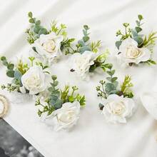Meldel White Ivory Rose Wrist Corsage Boutonniere For Men Wedding Wrist Flower Corsage Hand Flower For Bride Bridesmaid Prom Decor Paty ,3Boutonnieres&3WristCorsagesWhite - 3枚胸花及3顆腕花 白色 - 查看 9