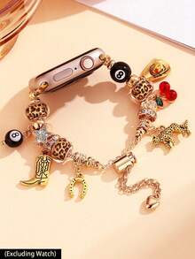 1pc Adjustable Vintage Music Festival Style Leopard Print Cherry 8 Ball Pendant Bracelet, Compatible With Apple Watch 38/40/41/42/44/45/46/49mm SE/Ultra/11/10/9/8/7/6/5/4/3/2/1 Series Women Watch Band Accessory - Gold - View 3
