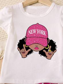 少女卡通人物图案T恤和波点印花褶皱阔腿裤套装 - 白色 - 查看 3