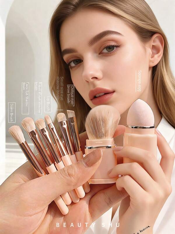 8合1旅行化妆刷套装 | 小巧便携收纳盒 | 包含散粉刷、眼影刷、眉刷和唇刷 | 适合旅行，方便收纳，易于使用，是化妆爱好者和初学者的理想之选。新年、情人节、母亲节的理想礼物。