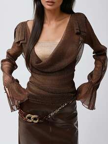 女士时尚两件套，四季皆宜。这款露脐抹胸上衣采用撞色棕色网纱闪光低V领设计，性感贴身，是午夜派对和夜店的完美之选。春季 - 咖啡棕 - 查看 4