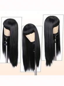 26 Inch Long Straight Wig With Bangs, Heat Resistant Synthetic Hair - Natural Soft Hair Suitable For Daily Wear, Cosplay, Halloween, Music Festivals, Christmas Events - Women's Fashion Black - Black - View 6
