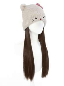 Long, Straight White Knitted Warm Hat Wig With Straight Hair Extensions, Cute Cat-Shaped Wig, Suitable For Girls. - Multicolor - View 11