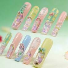 NailHaven 10Pcs Long Square Aquarium Press-On Nails - Pure Handmade Wearable Nails With 3D Bow Charms, Pearl Border Accents, Floating Glitter Details & Pastel Pink-Green Tones, Sweet Y2K Style, Perfect For Afternoon Tea, Casual Outings & Cute Theme Parties,Great Gift For Women & Girls - 彩色 - 查看 11