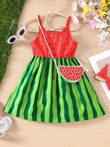 Young Girl Summer Watermelon Print Spaghetti Strap Dress With Shoulder Bag - Green - View 9