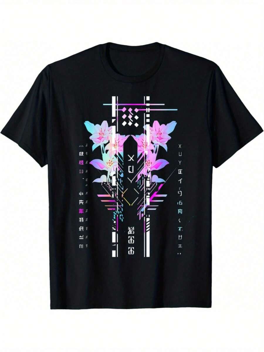 Retro Cyberpunk Japanese Anime Graphic T Shirt Neon (2) - 黑色 - 查看 1