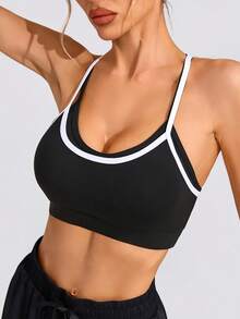 Women's Solid Color Round Neck Removable Padded Criss-Cross Adjustable Back Fashion Sports Knit Bra - Black - View 4