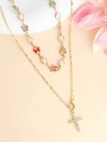 1pc Elegant Fashion Layered Butterfly Chain Cross Pendant Necklace For Women - Multicolor - View 5