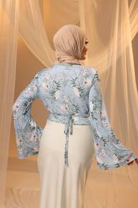 DAZY Floral Print Wrap Ruched Top - Biru - View 3