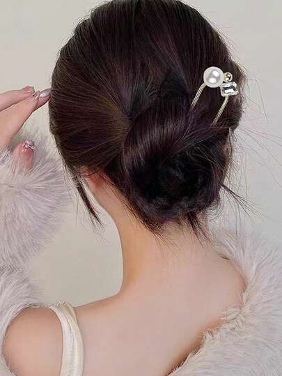女士合金U型发夹，简约优雅高端半丸子头饰，轻盈奢华小众时尚发夹，适合搭配汉服、旗袍、日常穿着、派对和约会，珍珠U型发夹，新娘婚礼头饰，发型设计发夹