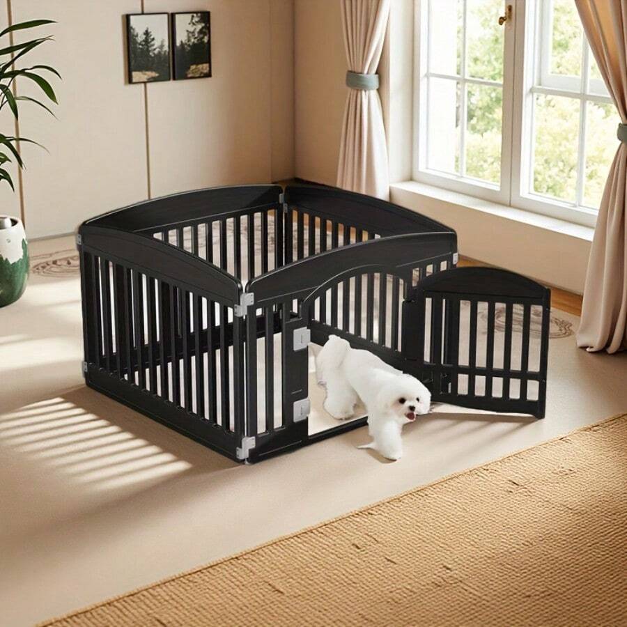 4 Side/6 Side Dog Pen - With Non-Slip Bottom, Portable Indoor Expandable Durable Pet Pen For Medium Dogs - Lightweight Portable Indoor/Outdoor Puppy Pen With Safety Locking Door - 黑色/4片 - 查看 1