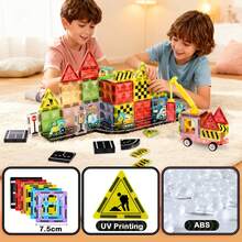 58 piezas/80 piezas Juego de bloques de construcción magnéticos, baldosas magnéticas grandes de 7,5 cm con coches magnéticos, juguetes de construcción STEM, regalo educativo para niños de 3 a 12 años - Multicolor - Ver 6