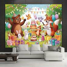 2D Flat An Interesting Forest Birthday Party Background With A Vibrant Polyester Flag, Featuring Bears, Rabbits, Foxes And Colorful Balloons, Is Perfect For Young People's Celebration Activities And Party Decorations. Fun Design. Polyester, Birthday Party Decoration - 1PCS - View 6