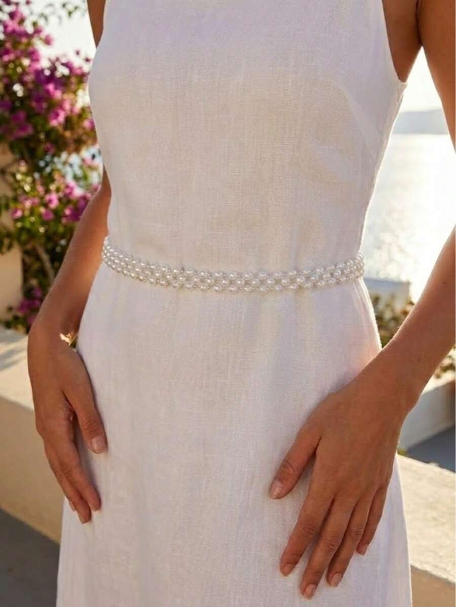 Thắt lưng dệt trang trí ngọc trai giả, dây thắt eo bằng satin thanh lịch, phù hợp với váy áo nữ, các bữa tiệc và đám cưới.