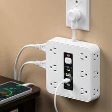 16-In-1 Power Strip With Surge Protection And One-Touch Control Switch - 12 Spacious AC Outlets With 2 USB Ports And 2 Type-C - Wall-Mountable Extension Cord For Office, Study, Home, And School Use - US Plug, 110V-130V Rectangle Power - 白色 - 查看 5