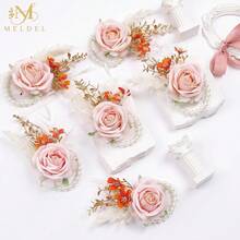 Meldel Pink Velvet Rose Wrist Corsage, Set Of 6, Wedding Bridal Flower Corsage Hand Decor For Prom Party Homecoming, Wristband Flowers Bride, Bridesmaid, Mother Of The Bride Corsage,6pcsPinkWristCorsages - 6個粉紅色手腕花 - 查看 3