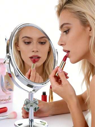 กระจกแต่งหน้าตั้งโต๊ะ, กระจกเครื่องแป้งทรงกลมสำหรับโต๊ะทำงาน, กระจกเครื่องสำอางตั้งโต๊ะ, กระจกเครื่องสำอางตั้งโต๊ะสองด้านความละเอียดสูง, กระจกแต่งหน้าแบบพกพาหมุนได้สแตนเลส, กระจกแต่งหน้าสำหรับโต๊ะเครื่องแป้งในห้องนอนหรือเคาน์เตอร์เครื่องแป้ง